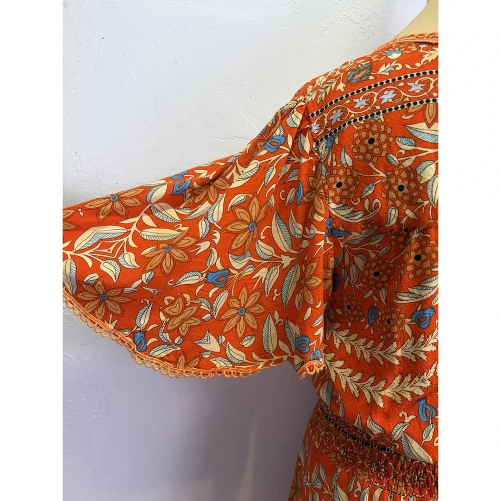Petal & Pup Woman's Dress Size M Orange Floral Boho Bohemian Cottagecore Smocked